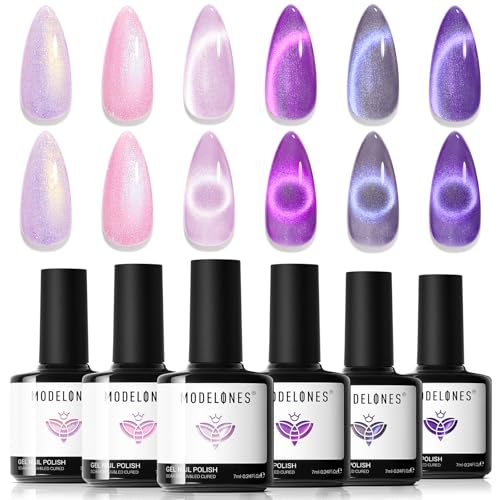 Image of modelones Cat Eye Gel Nail Polish, 6 Colors Purple Pink Glitter Gel Polish Set with Magnet Sparkle Galaxy Series Nail Polish Kit Soak Off Led Nail Art Manicure Salon DIY Gifts