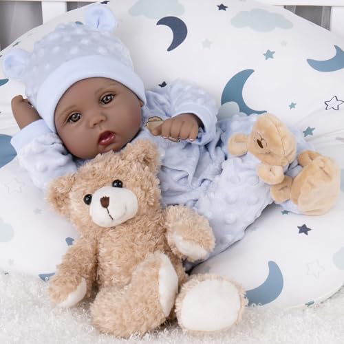 Milidool Black Reborn Baby Dolls Boy 18 Inch Lifelike Black Silicone Baby Dolls that Look Real African American Newborn Boy Dolls Realistic Baby Doll with Bear Clothes Gift Set for Ages 3+