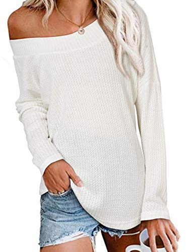 ACHIOOWA Camisa de Mujer Manga Larga Tops Fuera Hombros Sexy Top Casual Blusa Elegantes Otoño Invierno Blanco M