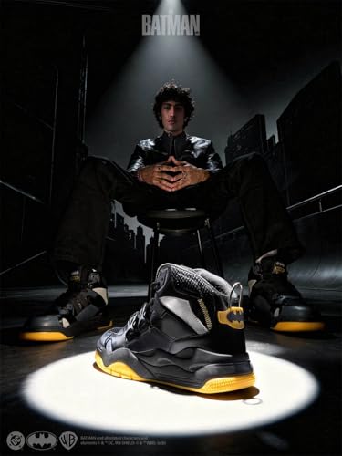 Image of Bacca Bucci Men's Batman-Inspired High-Top Sneakers | Chunky Streetwear Shoes with Mesh Panels, Buckle Strap Detail, Black Grey Yellow Colorway | Casual Statement Shoes