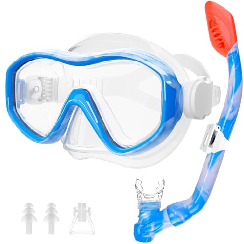 Kids Mask Fins Snorkel Set for Age 5-15,Dry Top Snorkeling Gear for Kids Boys Girls Junior & Youth, Tempered Glass Snorkel Mask with Fins for Swimming...