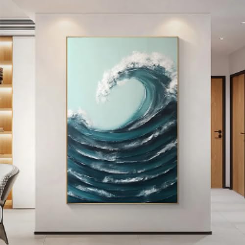 Peinture murale vagues bleues pour déco salon moderne grand format 70x100 cm