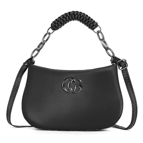 Image of Women's Black Crescent Shoulder Bag with Chain Handle, Premium PU Leather Hobo Handbag, Adjustable Strap, Stylish Purse for Women & Girls