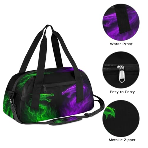 Abstract Green Purple Fire Dragon Kids Duffle Bag, Small Lightweight Travel Sports Bag for Boys Girls, Overnight Weekender Tote, Gym Carry On Bag for School Sports Sleepover3