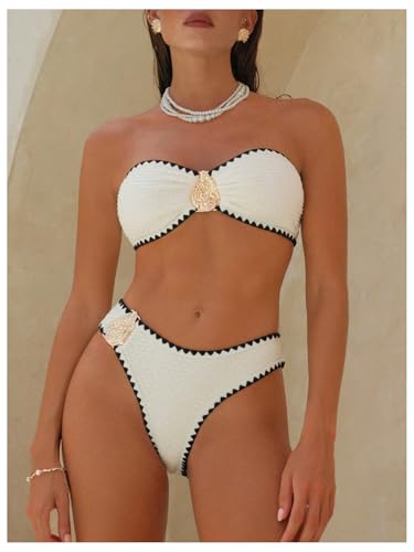 Milumia Women's 2 Piece Bandeau Swimsuit Textured Metal Decor Strapless Bikini Set4