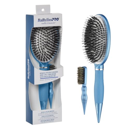 BaBylissPRO Hair Brush Set, Boar Bristle & Nylon Cushion, 2-in-1 Mini Slick Back Styling Brush, Detangler Brush, Anti-Frizz Styling Brush Set, Ionic Ceramic, All Hair Types, 95691 - image 2