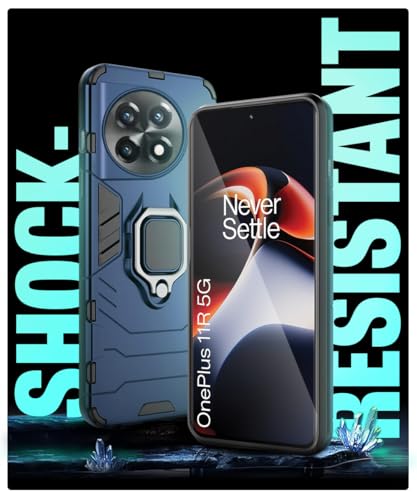 Image of WOW IMAGINE Shock Proof Back Case Mobile Cover for 1+ OnePlus 11R 5G | Back Cover Case (Tough Armor | Hybrid PC + TPU | Ring Holder & in-Built Kickstand | Blue)