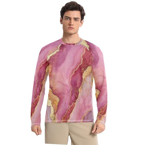 Marble Rose Gold Hot Pink Men's Rash Guard Elastic Elasticity Men's Sun Shirt Long Sleeve Running