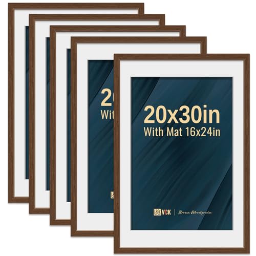 Image of VCK 20x30 Poster Frame 5 Pack, Brown Wood, 16x24 Mat, for Wall Art