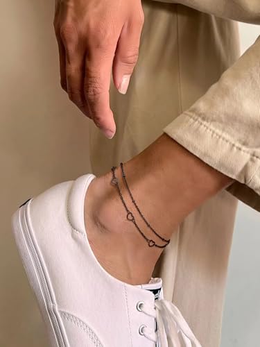 Image of FindChic Black /Silver /Gold Plated Anklets Set of 2PCS /3PCS Herringbone Chain Cuban Link Heart Charm Sparkling Tennis Ankle Bracelets, Waterproof Summer Foot Jewelry for Beach