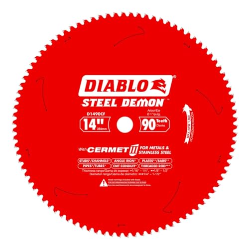 Diablo Steel Demon Cermet II Saw Blade for Thin Metal - 14' Diameter, 90 TCG Teeth, 1' Arbor, .083' Kerf, 0° Hook Angle, .0.71' Plate, 1800 Max RPM - D1490CF