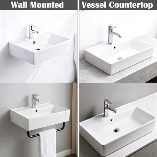 22"x12" Floating Bathroom Sink with Towel Rack, Wall Mount Rectangular Vessel Sink with Overflow, Modern Ceramic Vanity Sinks for Restroom, Rv by KCTVUIWS - Used condition - Image 2