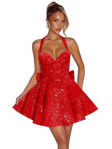 Sequin Homecoming Dresses for Teens 2025 Halter Short Prom Dress Ruched A Line Cocktail Party Gown with Bow