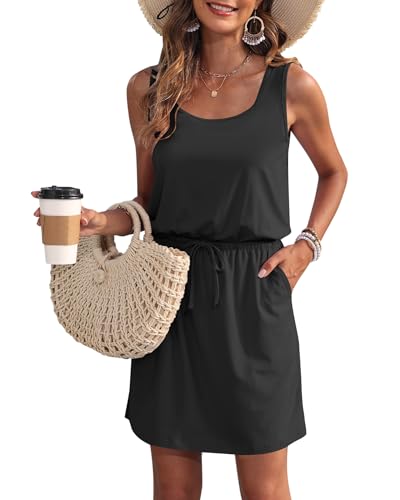WNEEDU Vestido de Verano de Las Mujeres sin Mangas Tanque Playa encubrimientos U Cuello cordón Vestidos Negro M