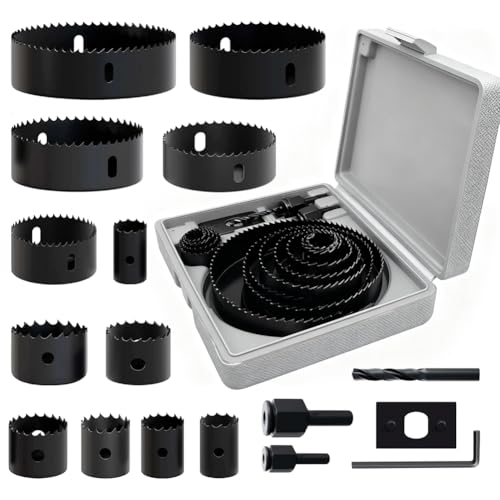16 tlg. Lochsägen Set, Lochbohrer Holz (Ø19-127 mm), Lochsäge Metall Schnitttiefe 20 mm, Lochkreissäge Set für Gipskartonplatten, Kunststoffplatten, Holzbearbeitung, Verbundplatten