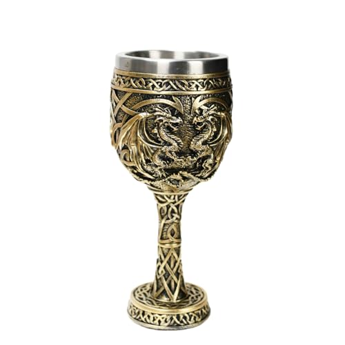 KalyZ@rts Bronze Dragon Goblet with Stainless Steel Cup, Dragon Wine Medieval Dungeons and Dragons Chalice, Dragon Gift Collectible - 7oz (Gold Dragon Cup)