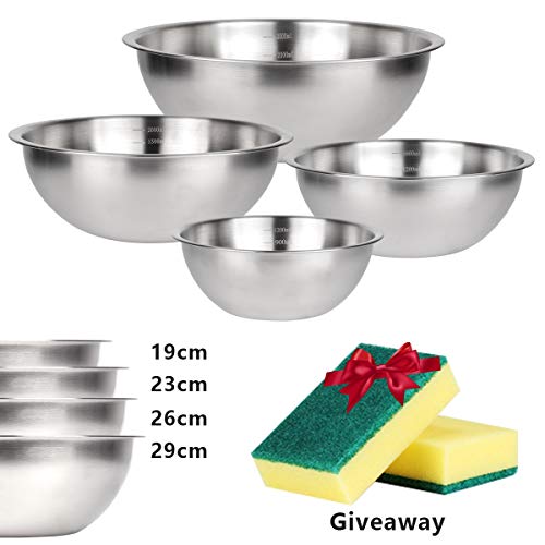 JUNING Cuencos cocina mezcladores apilables de acero inoxidable boles cocina set de 4 diámetro 19 cm, 23 cm, 26 cm, 29 cm