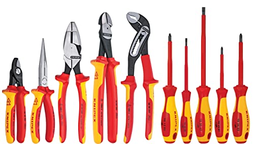 Knipex Tools LP - 9K989831US 10 -Piece 1000V Insulated High Leverage Pliers, Cutters, and Screwdriver Industrial Tool Set , Red