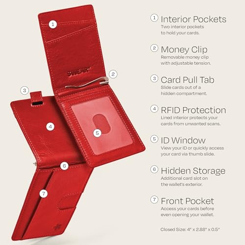 Swear Brands Full Grain Leather Wallet with RFID Blocking & Money Clip - Minimalist Bifold Wallet Holds 12 Cards - Easy Access Pull Tab - Ethically Sourced (Red)4