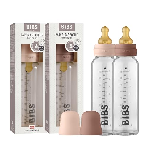Image of Bibs Baby Glass Bottle | Anti-Colic Borosilicate Glass Bottles | Natural Vented Round Natural Rubber Latex Nipple | Consistent Flow Rate | 7.6 oz /225 ml | 2 Pack | Blush /Woodchuck