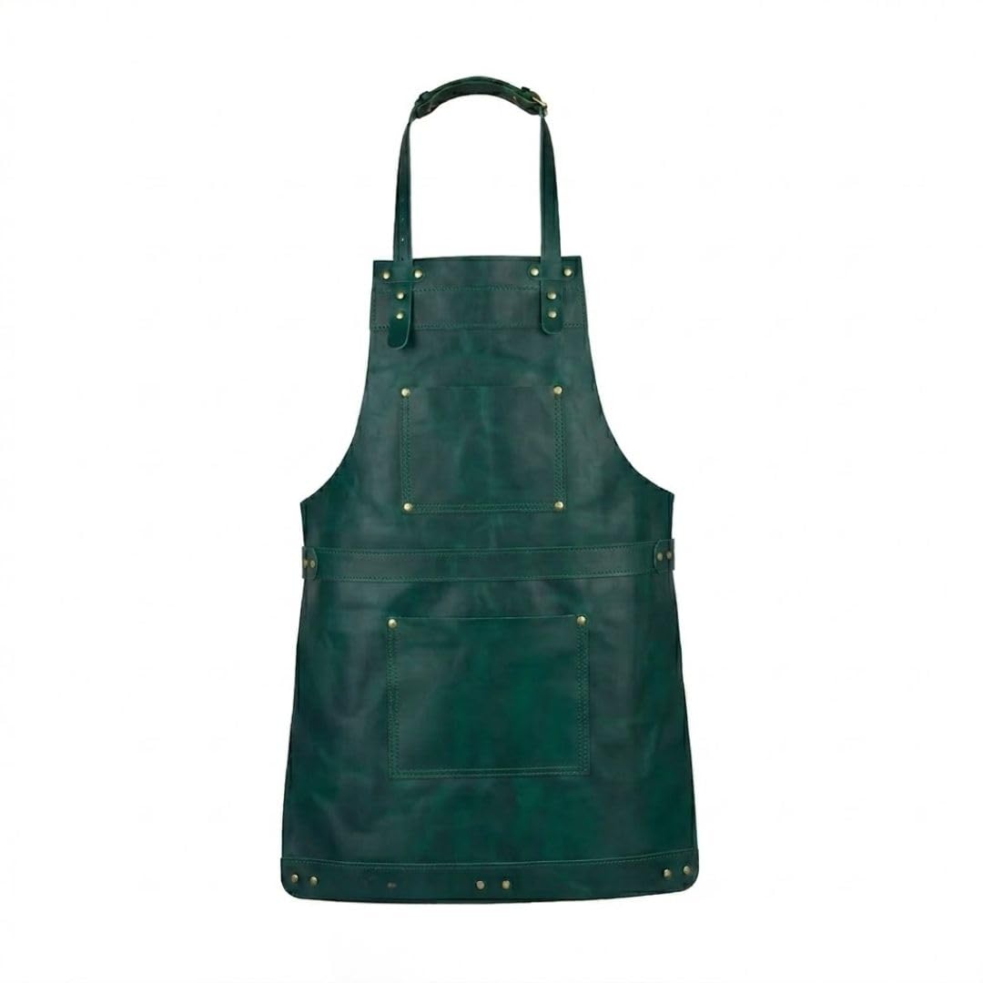 Full Grain Leather Apron Butcher, Cook, BBQ, Cooking, Wood work, Cheff, BBq Grill Gift Apron (Green-746)