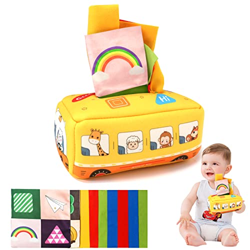 Image of Montessori Sensory Tissue Box Toys: Baby Soft Crinkle Car Seat Toy 6-12 9-12 Months 4 7 8 Newborn Learning Infant 0-6 3-6 Developmental Magic Tissue Pulling 1 Year Old Girl Boy Travel Birthday Gifts