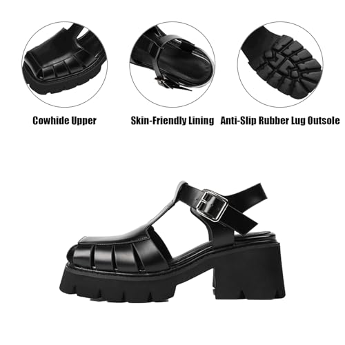 Women's Leather Braided Chunky Heel Caged Sandals With Adjustable Buckle Vintage Closed Square Toe Platform Lug Sole Backless Gladiator Y2K Sandals For Summer Party Work Causal Walking3