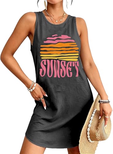 Image of Summer Tank Dress for Women Casual Vacation Sundress Coconut Tree Graphic Beach Cover Up