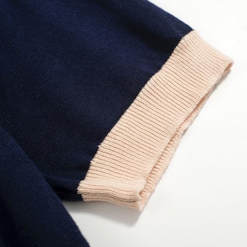 OXKNIT Mens V-Neck Polo Shirt Knitted Shirt Dark Blue Short Sleeve Golf Shirt with Flower Pattern4