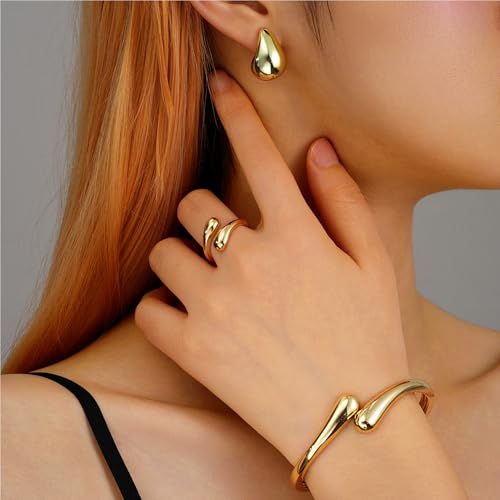 Gold Bangle Bracelet Teardrop Earring Rings Sets for Women Teens, 14K Plated Trendy Chunky Adjustable Jewelry Sets Gift3