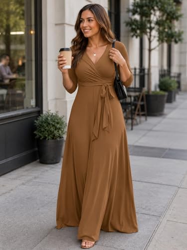 Image of PinkPatty Plus Size Maxi Dress for Women 3 /4 Sleeve Casual Long Dress | Soft stretchy fabric, functional pockets, flattering wrap v neck for vacation, casual wear and everyday styling