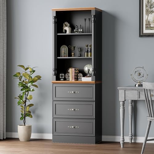 Image of 71'' Tall Bookshelf, Bookcase Storage Cabinets with 3-Tier Adjustable Shelves, Wooden Deep Book Shelf for Office, Living Room, Bathroom, Black