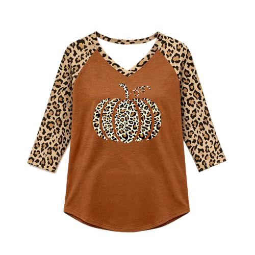 Halloween Shirts for Women Fall Leopard Pumpkin 3/4 Sleeve V Neck Tshirt - image 4