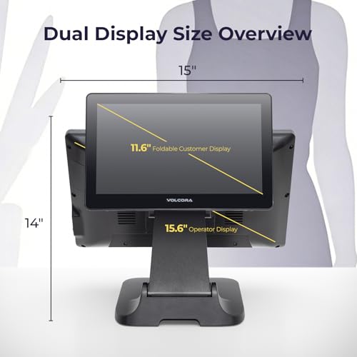 Image of Volcora Retail and Restaurant POS Terminal Machine for Small Business, Point of Sale Cash Register with Windows 11 Professional, CPU Intel Core i5, 15.6 inch &11.6 inch Dual Touch Screen, Black, Hardware Only