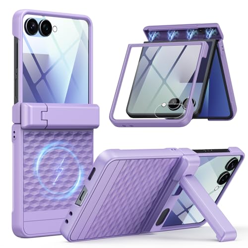 HIERYQHE Magnetic for Samsung Galaxy Z Flip 7 Case Fit for MagSafe [Built-in Tempered Screen Protector][Hinge Protection][Kickstand] Military Grade Full Body Cover for Galaxy Z Flip 7,Purple