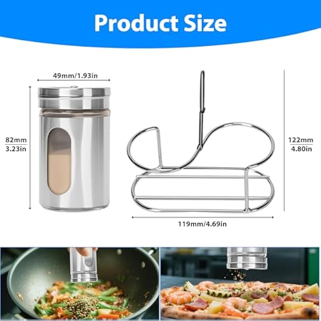 Glass Salt and Pepper Shaker Set with Seasoning Rack, Spice Rack, Adjustable Pour Hole Stainless Steel Lid, 2.8 oz, Spice Dispenser for Salt, Pepper, Spice Preservation (silver)