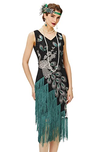 BABEYOND 1920s Vintage Peacock Sequined Dress Gatsby Fringed Flapper Dress Roaring 20s Party Dress