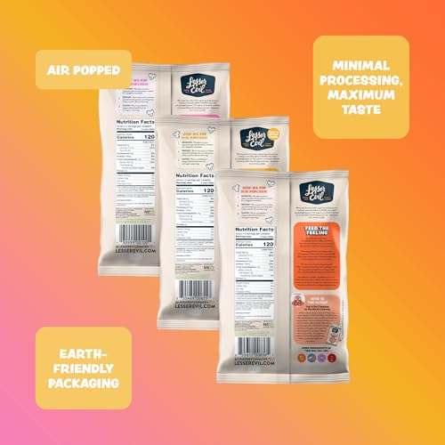 Image of LesserEvil Organic Popcorn Variety Pack, Himalayan Pink Salt (4.6 oz Bag), Himalayan Gold (4.6 oz Bag), and White Cheddar Flavor (4.6oz Bag)
