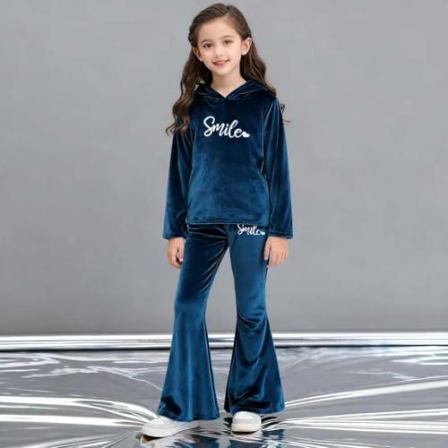 Image of 6-13 Years Girls Clothing Heart Print Hoodie Top + Heart Print Flare Leg Pants 2PC Clothing Set