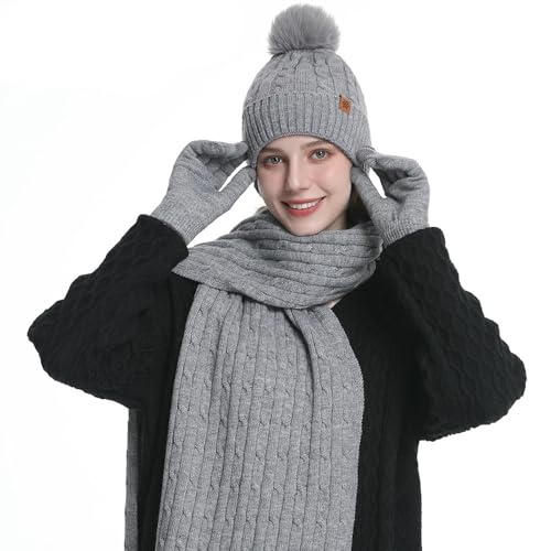 Set Gorro Bufanda Guantes Tejido De Lana Tres Piezas Gris 2