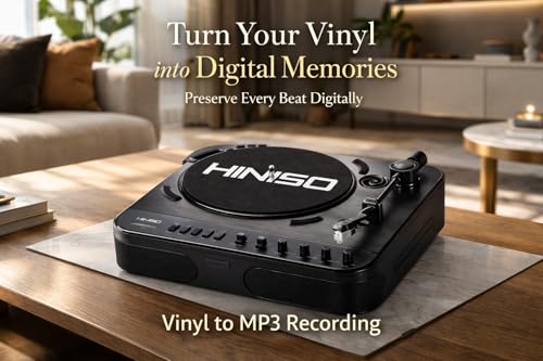 Image of HINISO T501 Bluetooth Vinyl Record Player with Moving Magnet Cartridge & Diamond Stylus, Dual Bluetooth (in & Out), 3-Speed Turntable (33 /45 /78 RPM), Vinyl to MP3 Recorder, USB /SD, FM, RCA & AUX