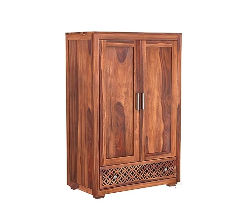 Image of Sheesham Wood Wooden 2 Door Wardrobe Organizer for Clothes | - Solid Wood Almirah with 1 Drawers, 1 Shelves - with Hanging Space Cupboard for Large Bedroom (Design 11)