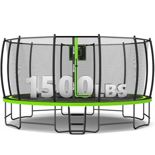 BCAN TR2 8/12/14/16FT Heavy-Duty Outdoor Trampoline with Net, 1500 LBS Static Load, Reinforced Springs, Safety Enclosure Net, Built-in Basketball Hoop, Backyard, Ladder, Protective Pad FED F