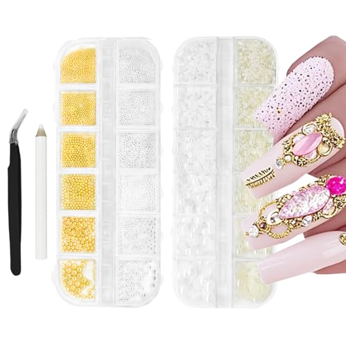 2 Boxes of 3D Nail Art Metal Silver and Mini Caviar Beads, semi-Circular Beige Flat Back Pearls, DIY Decorative Accessory Set with Tweezers