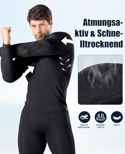 Niksa 1/2/3 Stück Kompressionsshirt Herren,Funktionsshirt Langarm Sportshirt Rundhalsausschnitt Atmungsaktiv Laufshirt für Running Workout Fitness A-Schwarz (1 Stück) L