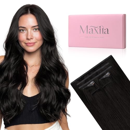 MAXITA Invisi Edge & �V�[�����X �N���b�v in Hair Extension Real Human Hair �A35.6 cm�A7pcs 110g �i�`�������u���b�N�A100% Remy �l�уG�N�X�e���V���� �����p