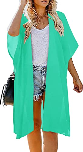 Image of Indian Trendy Women's Solid Puff Sleeve Kimono Long Cardigan Loose Cover Up Casual Blouse Top Chiffon