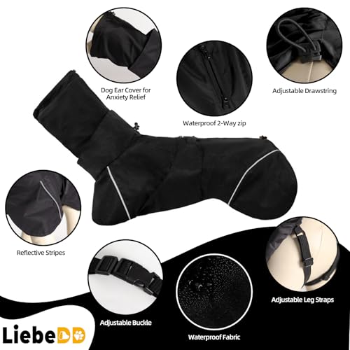 LiebeDD Hunderegenmantel Wasserdicht Regenjacke Hund mit Geschirrloch, Reflektierende Regencape Hund Verstellbarer Hunde Regenmantel für Mittelgross und Kleine Hunde wie Dackel (Schwarz 3XL 41cm)