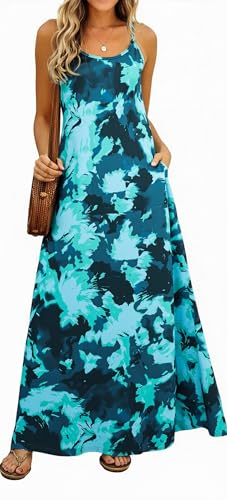 Image of Supnier Women's Summer Maxi Dress Casual V-Neck Sleeveless Bohemian Spaghetti Strap Floral Long Maxi Dress with Pockets