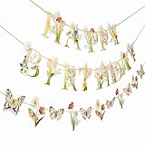 SUNBEAUTY Wildflower Butterfly Happy Birthday Banner Spring Floral Birthday Decorations Pre-Strung Butterfly Flower Garden Decor for Girls Women Baby Shower Wedding Tea Party